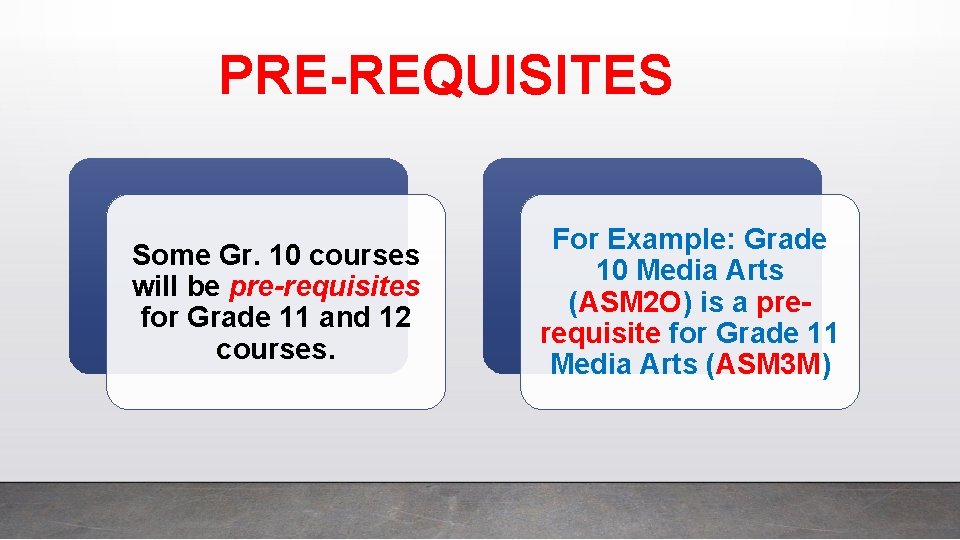 PRE-REQUISITES Some Gr. 10 courses will be pre-requisites for Grade 11 and 12 courses. PRE-REQUISITES Some Gr. 10 courses will be pre-requisites for Grade 11 and 12 courses.