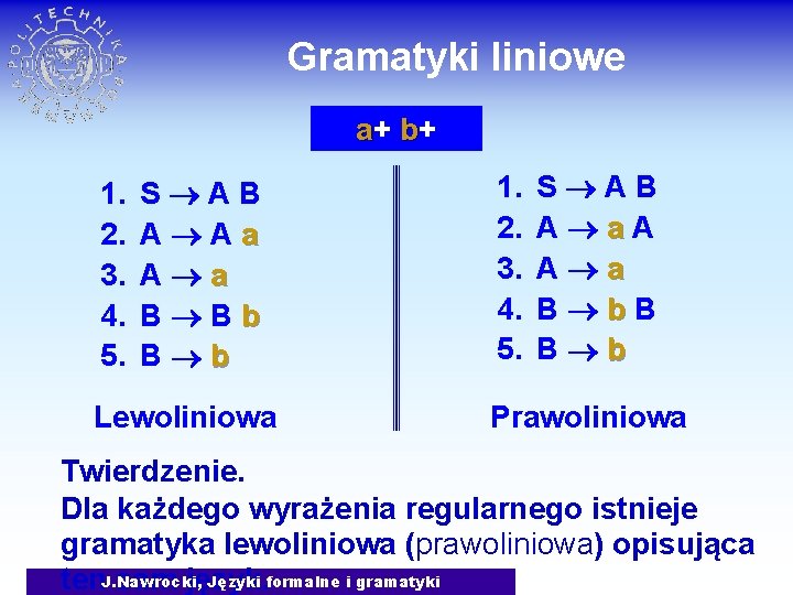 Gramatyki liniowe a+ b + 1. 2. 3. 4. 5. S AB A Aa