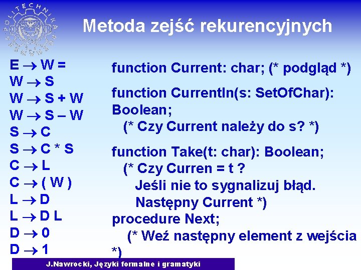 Metoda zejść rekurencyjnych E W= W S+W W S–W S C*S C L C