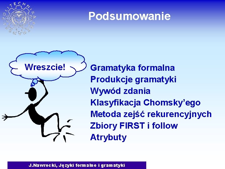 Podsumowanie Wreszcie! Gramatyka formalna Produkcje gramatyki Wywód zdania Klasyfikacja Chomsky’ego Metoda zejść rekurencyjnych Zbiory