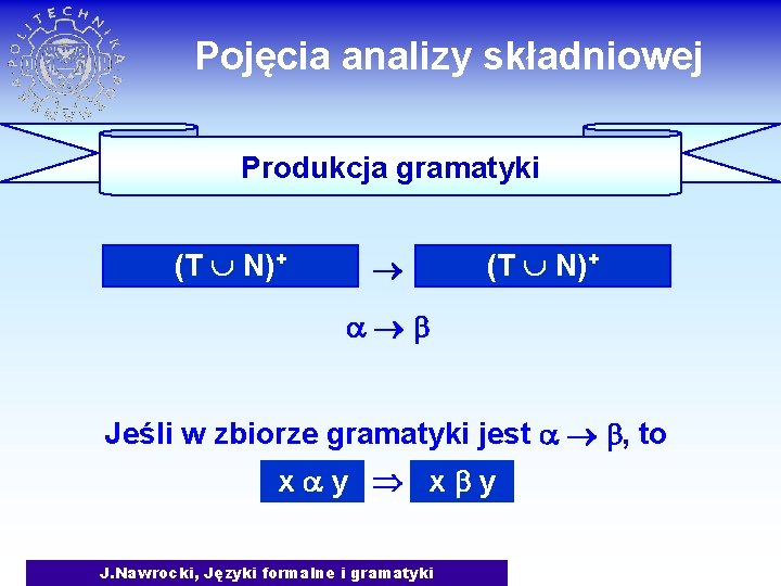 Pojęcia analizy składniowej Produkcja gramatyki (T N)+ Jeśli w zbiorze gramatyki jest , to