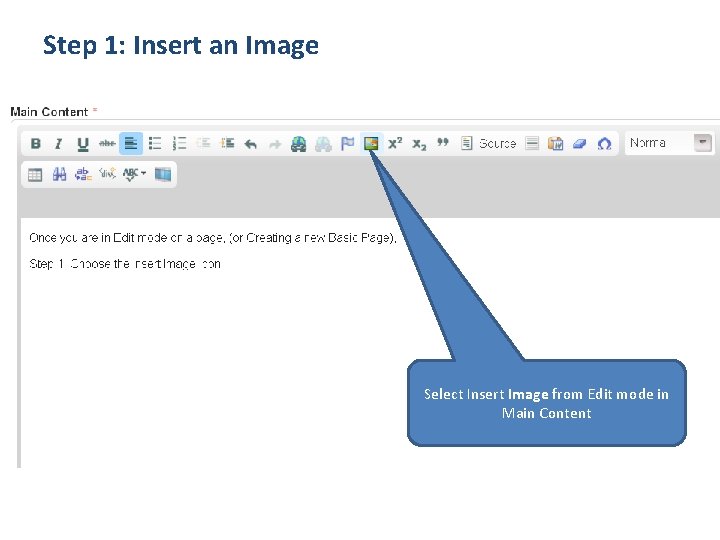 Step 1: Insert an Image Select Insert Image from Edit mode in Main Content