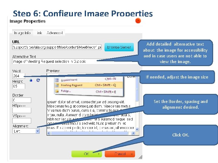 Step 6: Configure Image Properties Add detailed alternative text about the image for accessibility