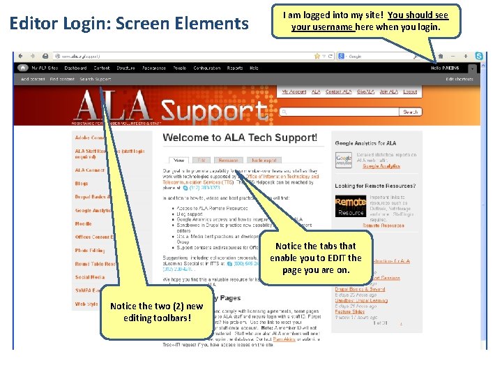 Editor Login: Screen Elements I am logged into my site! You should see your