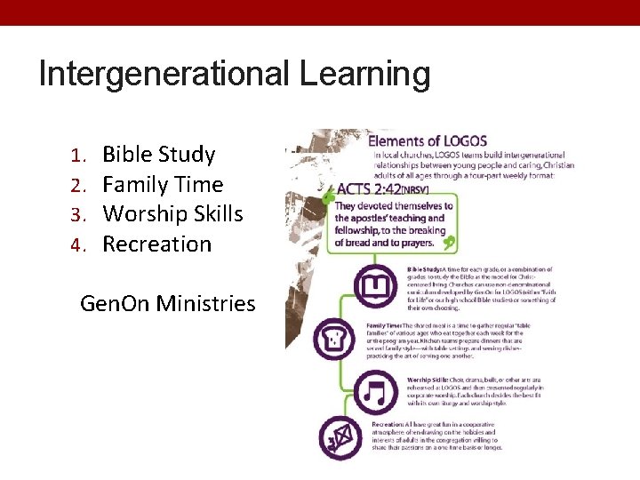 Intergenerational Learning 1. 2. 3. 4. Bible Study Family Time Worship Skills Recreation Gen.