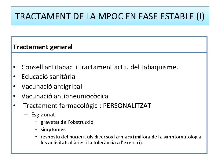 TRACTAMENT DE LA MPOC EN FASE ESTABLE (I) Tractament general • • • Consell