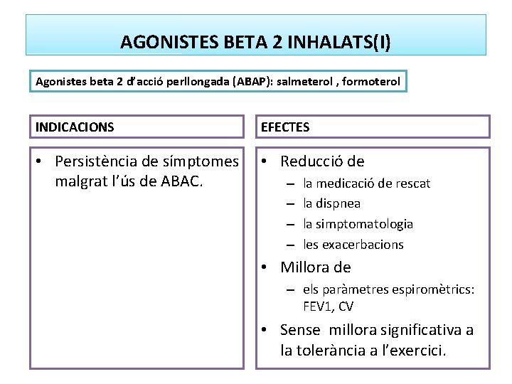 AGONISTES BETA 2 INHALATS(I) Agonistes beta 2 d’acció perllongada (ABAP): salmeterol , formoterol INDICACIONS