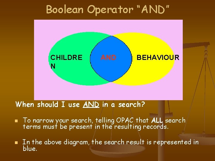 Boolean Operator “AND” CHILDRE N AND BEHAVIOUR When should I use AND in a