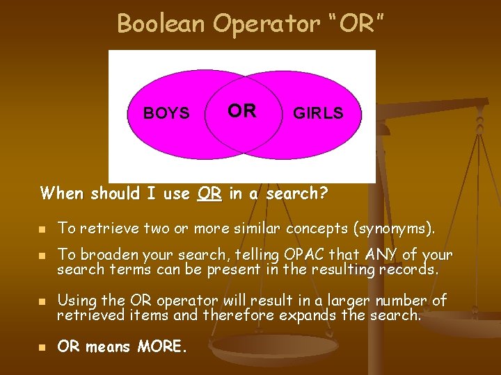 Boolean Operator “OR” BOYS OR GIRLS When should I use OR in a search?