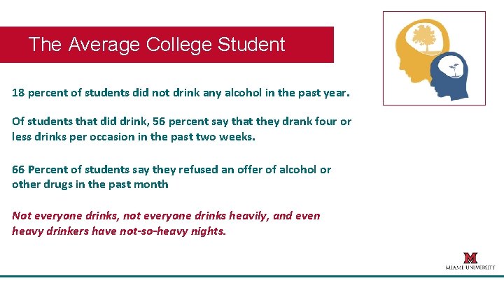 The Average College Student 18 percent of students did not drink any alcohol in