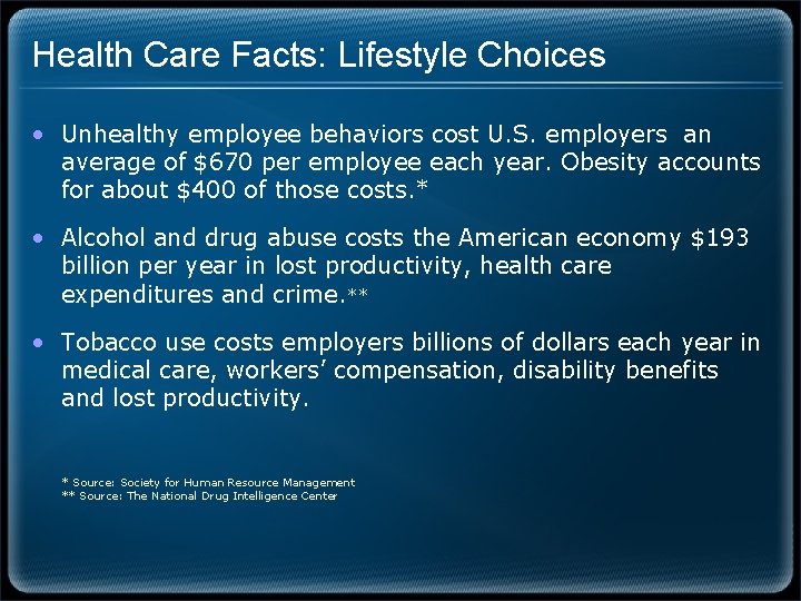 Health Care Facts: Lifestyle Choices • Unhealthy employee behaviors cost U. S. employers an Health Care Facts: Lifestyle Choices • Unhealthy employee behaviors cost U. S. employers an