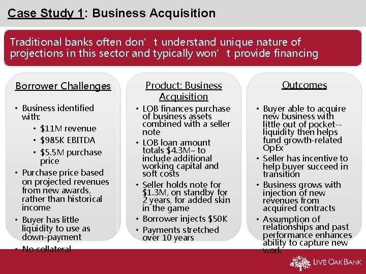 Case Study 1: Business Acquisition Traditional banks often don’t understand unique nature of projections