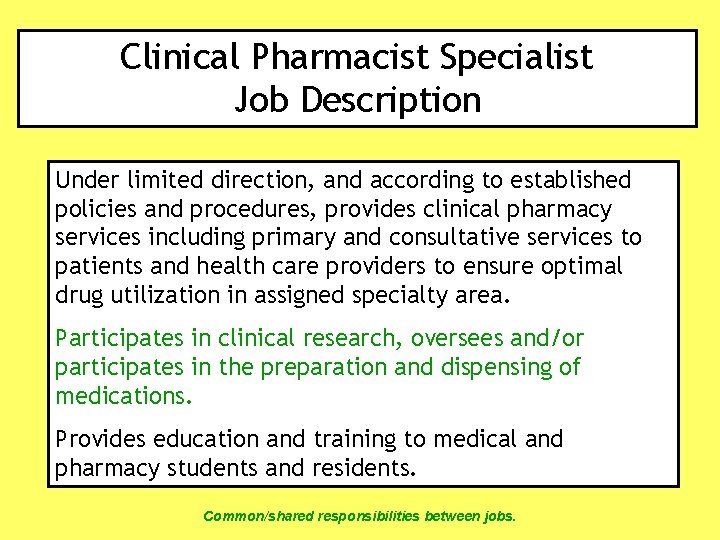 Clinical Pharmacist Specialist Job Description Under limited direction, and according to established policies and