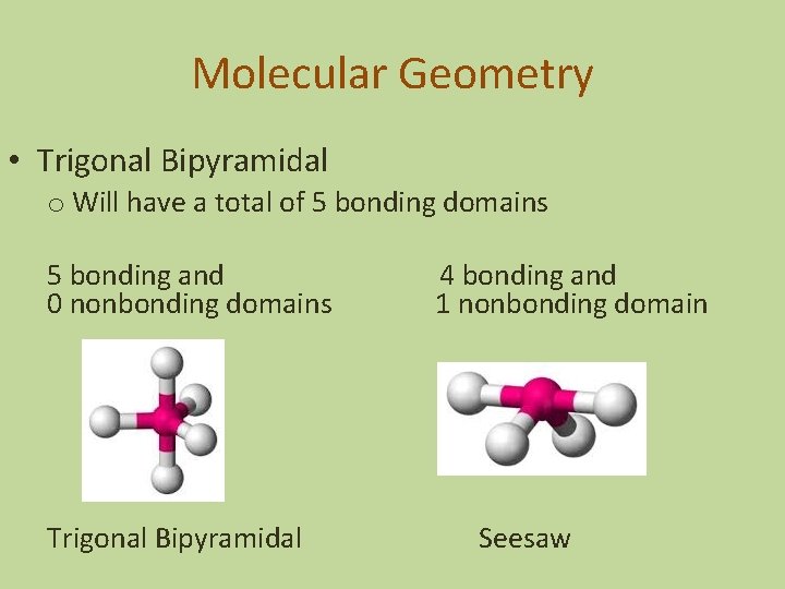 Molecular Geometry • Trigonal Bipyramidal o Will have a total of 5 bonding domains