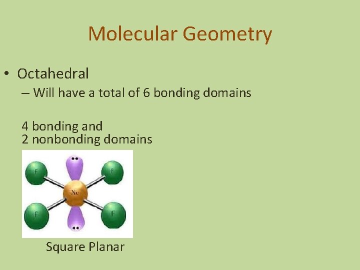 Molecular Geometry • Octahedral – Will have a total of 6 bonding domains 4