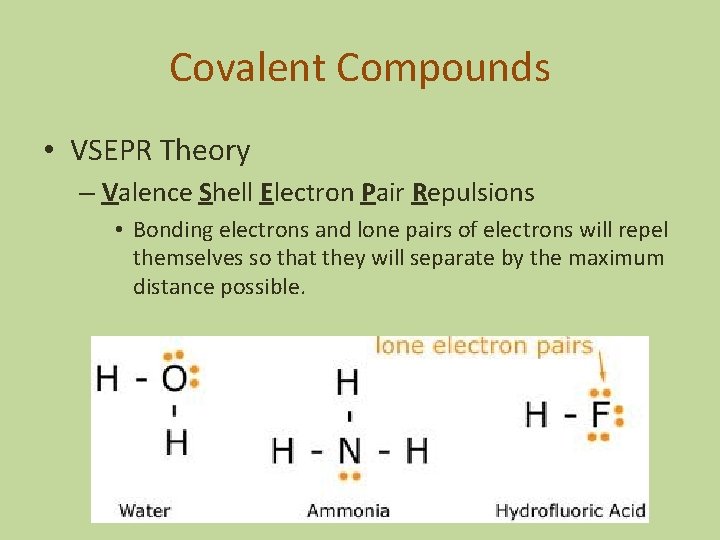 Covalent Compounds • VSEPR Theory – Valence Shell Electron Pair Repulsions • Bonding electrons