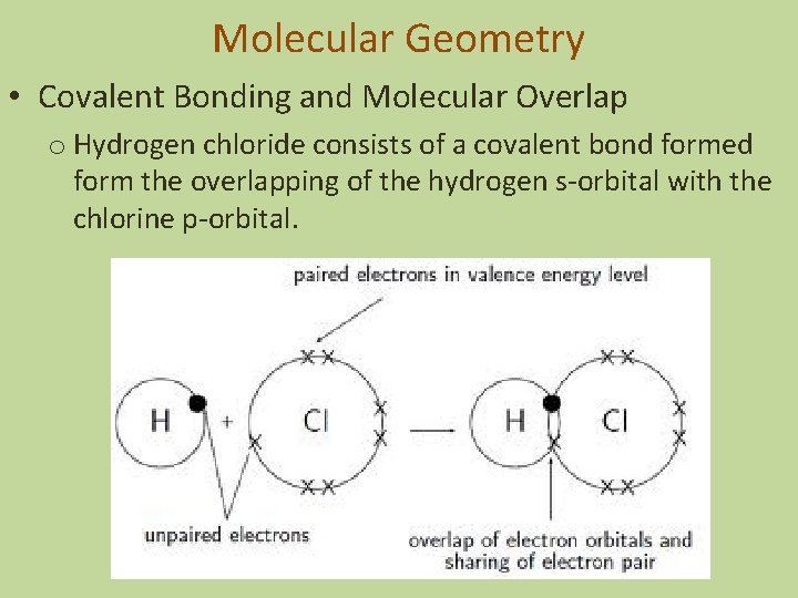 Molecular Geometry • Covalent Bonding and Molecular Overlap o Hydrogen chloride consists of a