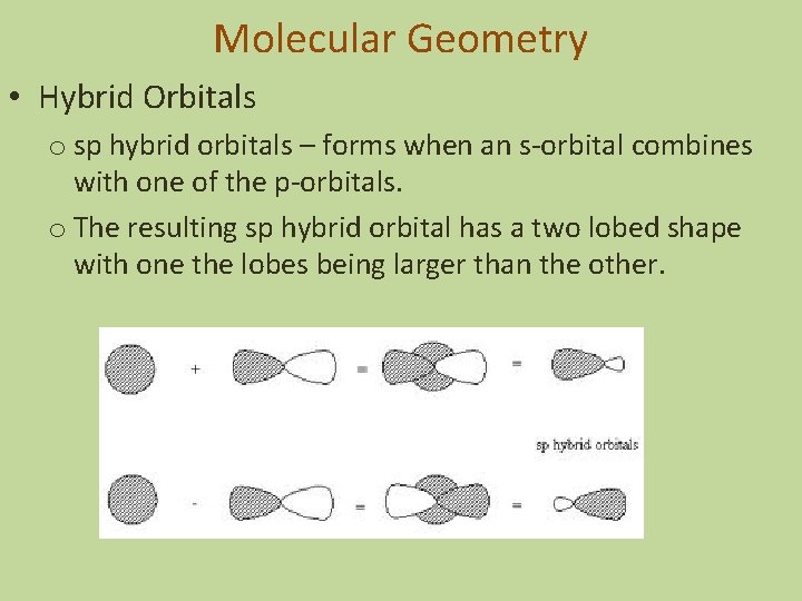 Molecular Geometry • Hybrid Orbitals o sp hybrid orbitals – forms when an s-orbital