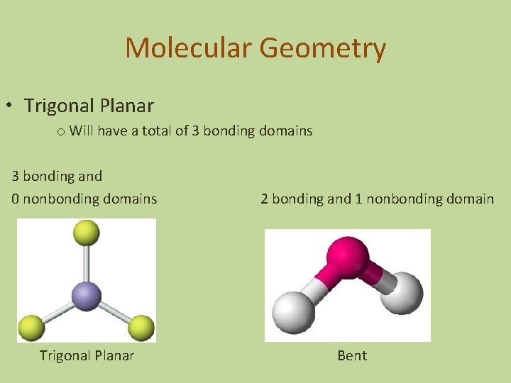 Molecular Geometry • Trigonal Planar o Will have a total of 3 bonding domains