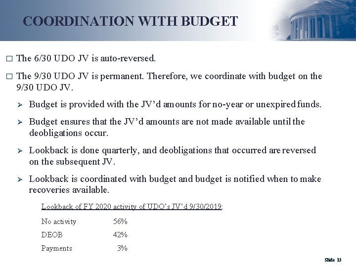 COORDINATION WITH BUDGET □ The 6/30 UDO JV is auto-reversed. □ The 9/30 UDO