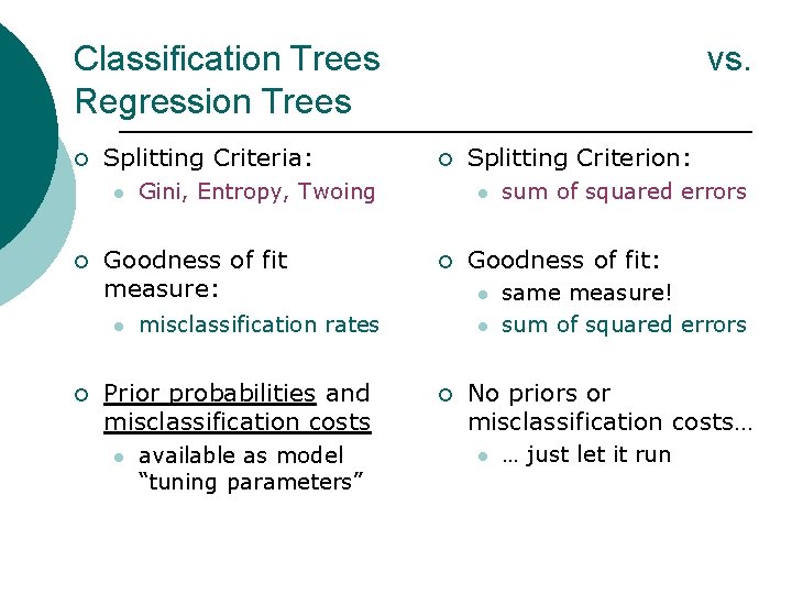 Classification Trees Regression Trees ¡ Splitting Criteria: l ¡ ¡ available as model “tuning