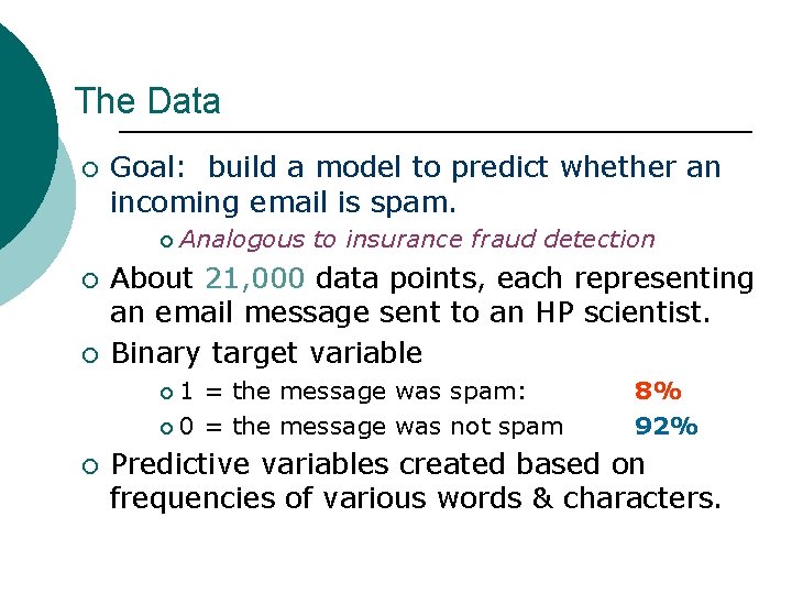 The Data ¡ Goal: build a model to predict whether an incoming email is