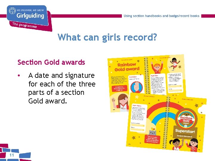 What can girls record? Section Gold awards • 11 A date and signature for