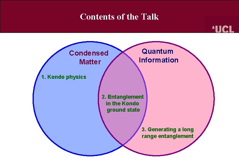 Contents of the Talk Condensed Matter Quantum Information 1. Kondo physics 2. Entanglement in