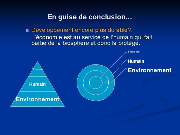 En guise de conclusion… n Développement encore plus durable? : L’économie est au service