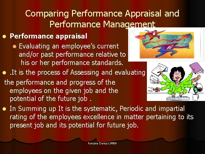 Comparing Performance Appraisal and Performance Management Performance appraisal l Evaluating an employee’s current and/or