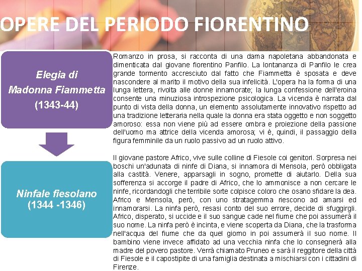 OPERE DEL PERIODO FIORENTINO Elegia di Madonna Fiammetta (1343 -44) Ninfale fiesolano (1344 -1346)