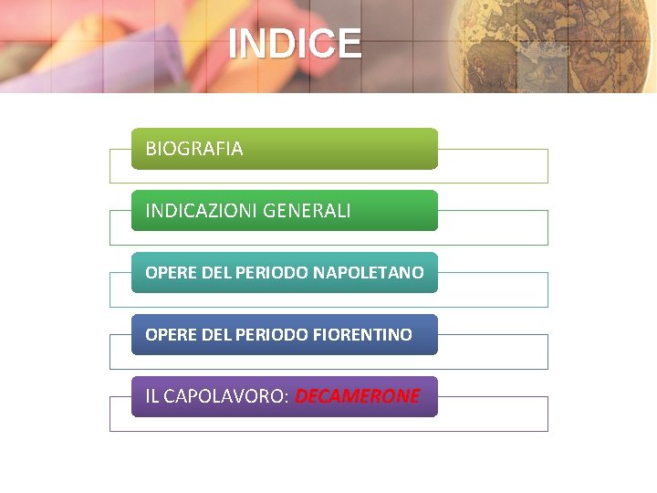 INDICE BIOGRAFIA INDICAZIONI GENERALI OPERE DEL PERIODO NAPOLETANO OPERE DEL PERIODO FIORENTINO IL CAPOLAVORO: