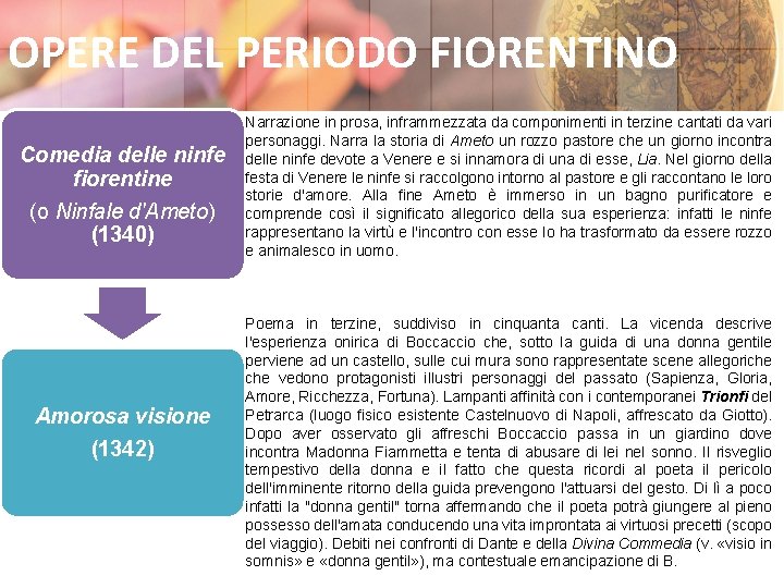 OPERE DEL PERIODO FIORENTINO Comedia delle ninfe fiorentine (o Ninfale d'Ameto) (1340) Amorosa visione