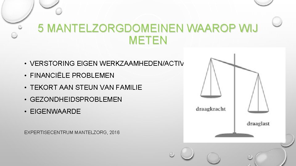 5 MANTELZORGDOMEINEN WAAROP WIJ METEN • VERSTORING EIGEN WERKZAAMHEDEN/ACTIVITEITEN • FINANCIËLE PROBLEMEN • TEKORT