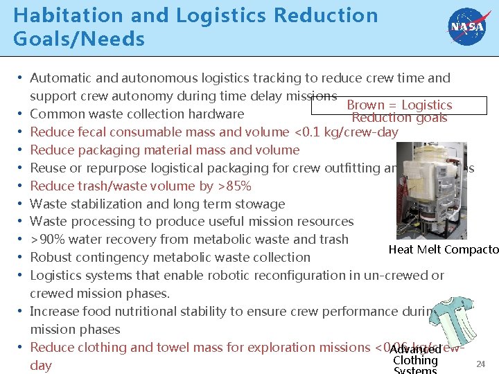 Habitation and Logistics Reduction Goals/Needs • Automatic and autonomous logistics tracking to reduce crew