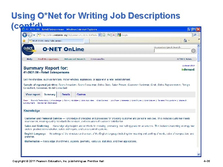 Using O*Net for Writing Job Descriptions (cont’d) Copyright © 2011 Pearson Education, Inc. publishing