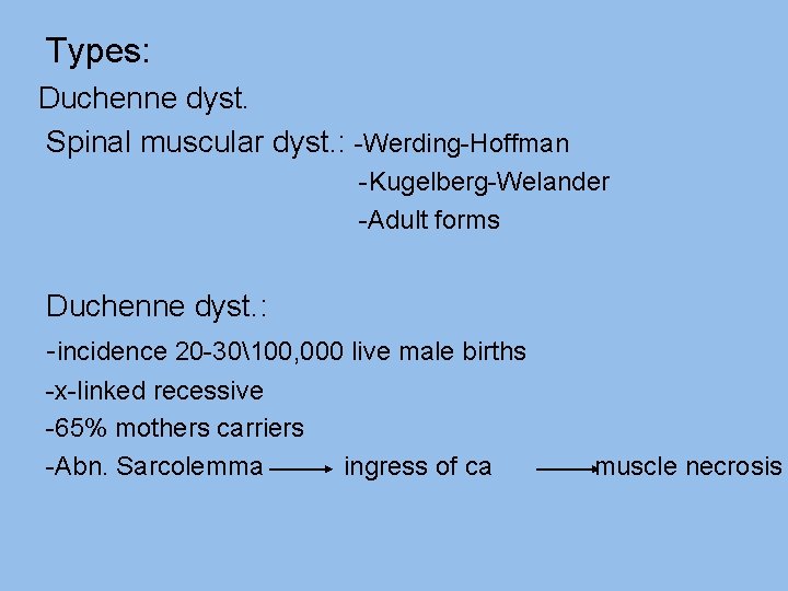 Types: Duchenne dyst. Spinal muscular dyst. : -Werding-Hoffman - Kugelberg-Welander -Adult forms Duchenne dyst.