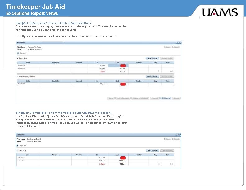 Timekeeper Job Aid Exceptions Report Views Exception Details View- (From Column Details selection) The