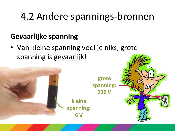 4. 2 Andere spannings-bronnen Gevaarlijke spanning • Van kleine spanning voel je niks, grote