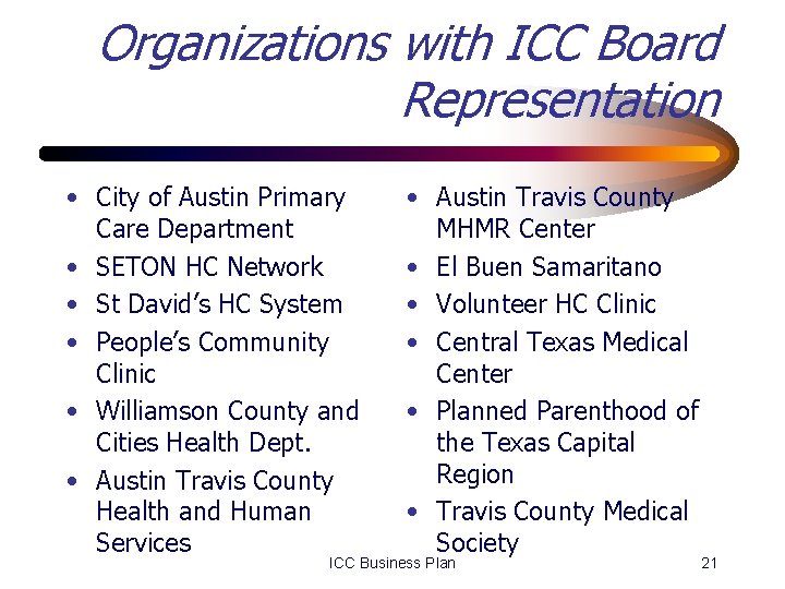 Organizations with ICC Board Representation • City of Austin Primary Care Department • SETON