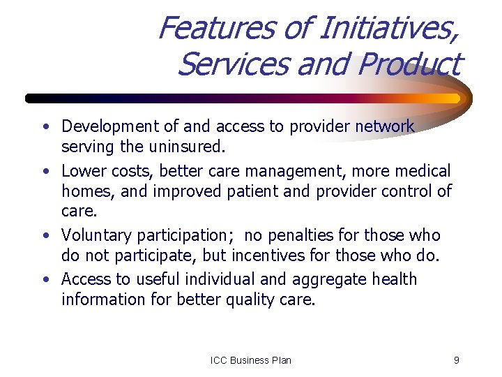 Features of Initiatives, Services and Product • Development of and access to provider network