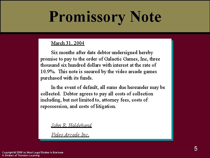 Promissory Note March 31, 2004 Six months after date debtor undersigned hereby promise to