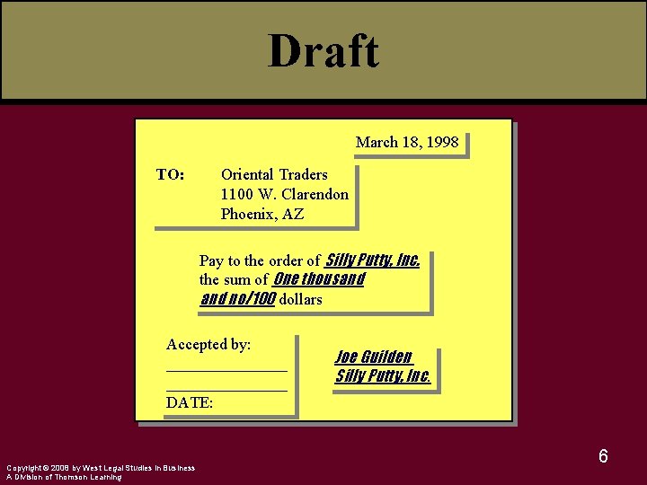 Draft March 18, 1998 TO: Oriental Traders 1100 W. Clarendon Phoenix, AZ Pay to