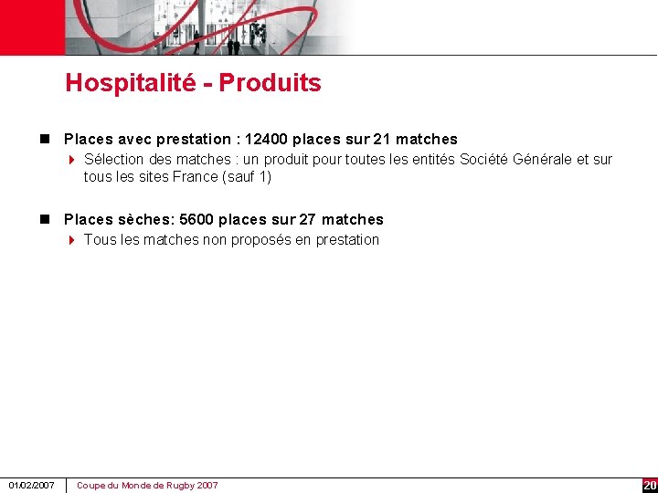 Hospitalité - Produits n Places avec prestation : 12400 places sur 21 matches 4