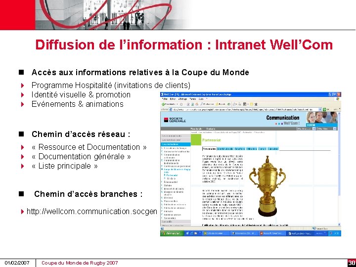 Diffusion de l’information : Intranet Well’Com n Accès aux informations relatives à la Coupe