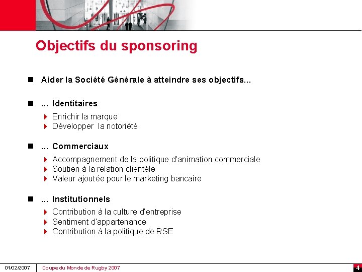 Objectifs du sponsoring n Aider la Société Générale à atteindre ses objectifs… n …