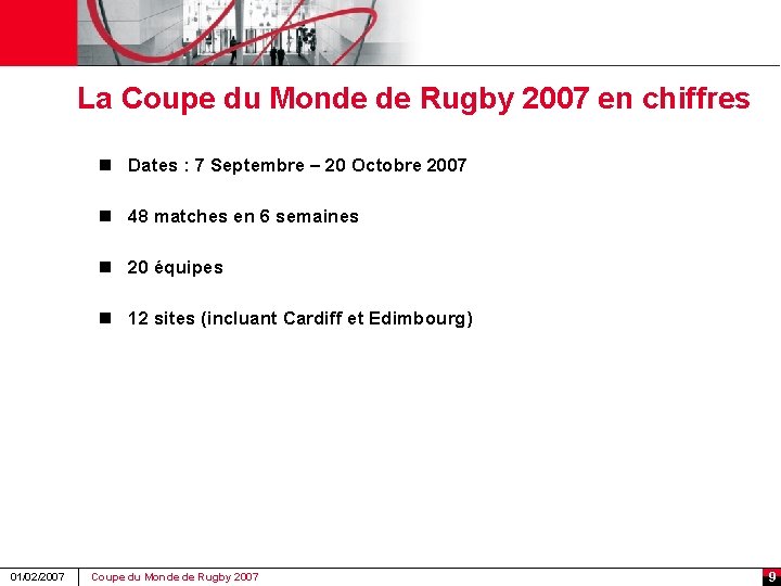 La Coupe du Monde de Rugby 2007 en chiffres n Dates : 7 Septembre
