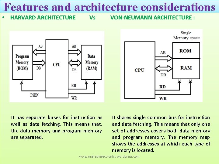 Features and architecture considerations • HARVARD ARCHITECTURE Vs VON-NEUMANN ARCHITECTURE : It has separate