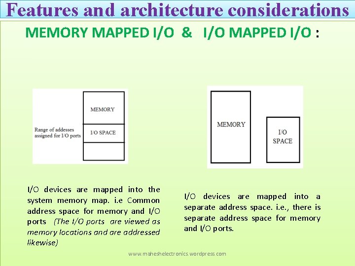 Features and architecture considerations MEMORY MAPPED I/O & I/O MAPPED I/O : I/O devices