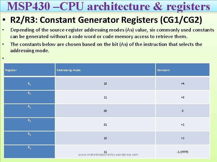 MSP 430 –CPU architecture & registers • R 2/R 3: Constant Generator Registers (CG